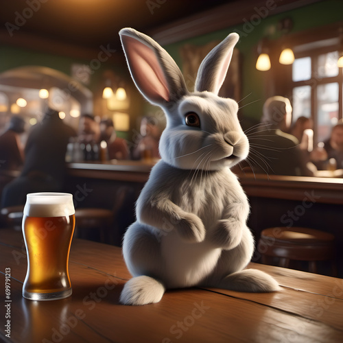 Ein Osterhase sitzt in einer Bar und prostet mit einem Bier in die Kamera. Ostergru  