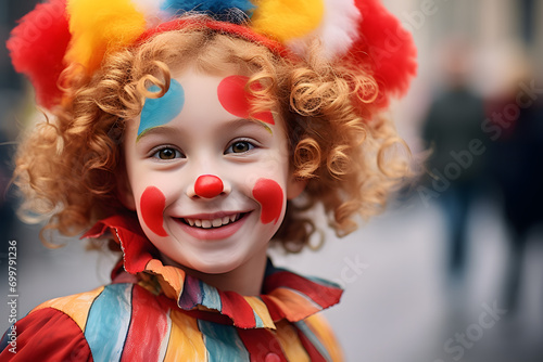 Fototapeta Young boy child with curly hair dressed up with colorful clown costume for Europ