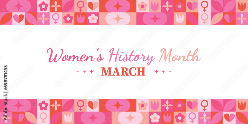 Women History Month Neo Geometric Pattern Background. Women’s History Month March Awareness Celebration. Abstract modern design. Social media post. Horizontal website header banner vector illustration