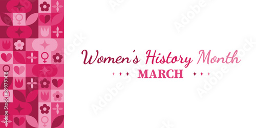 Women History Month Neo Geometric Pattern Background. Women’s History Month March Awareness Celebration. Abstract modern design. Social media post. Horizontal website header banner vector illustration