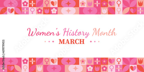 Women History Month Neo Geometric Pattern Background. Women’s History Month March Awareness Celebration. Abstract modern design. Social media post. Horizontal website header banner vector illustration