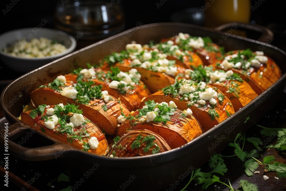 Sweet baked pumpkin cubes in the bowl