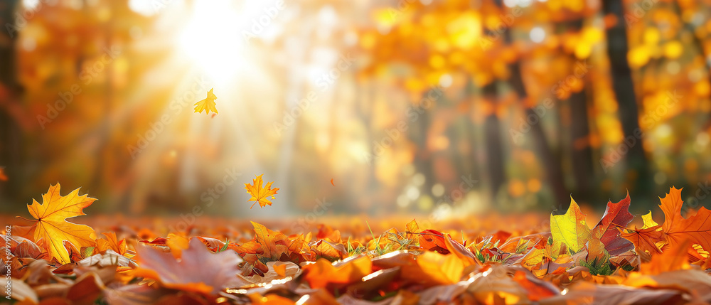 Fall banner design with red and yellow maple leaves, soft focus lighting, and bokeh background for end-of-year activities. Fall banner design with red and yellow maple leaves, soft focus lighting, and bokeh background for end-of-year activities.