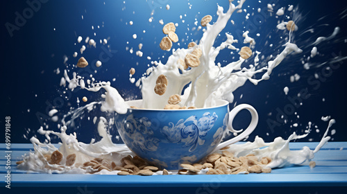 Blue and white cup filled with milk and cereals