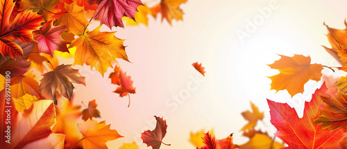 Fall banner design with red and yellow maple leaves, soft focus lighting, and bokeh background for end-of-year activities.