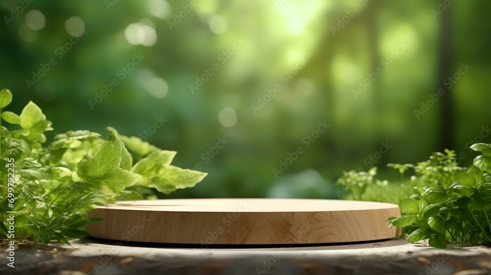 empty wooden tabletop podium in an open garden empty wooden tabletop podium in an open garden