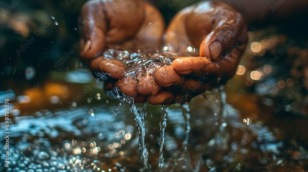 A close-up of hands cupping water from a sustainable and community-built well, symbolizing the significance of local water initiatives. [World Water Day] - obrazy, fototapety, plakaty 