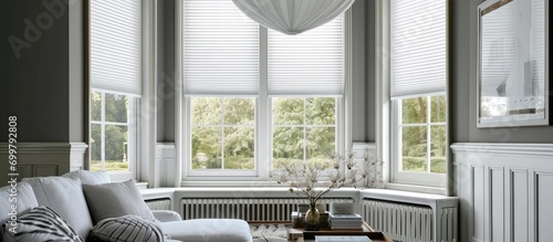Extra large pleated blinds in white, featuring a 50mm fold, showcased in the window opening. Contemporary top down bottom up privacy shades for apartment windows. photo