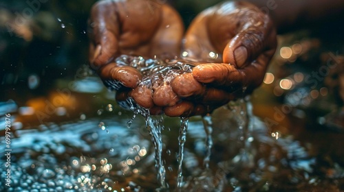 A close-up of hands cupping water from a sustainable and community-built well, symbolizing the significance of local water initiatives. [World Water Day] photo