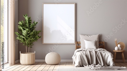 Mockup minimalist children's room with mock up poster frame close up on wall. 3d render interior background