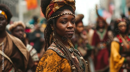 An image capturing a lively Black History Month parade with participants showcasing cultural attire and historical figures. [Black History Month]