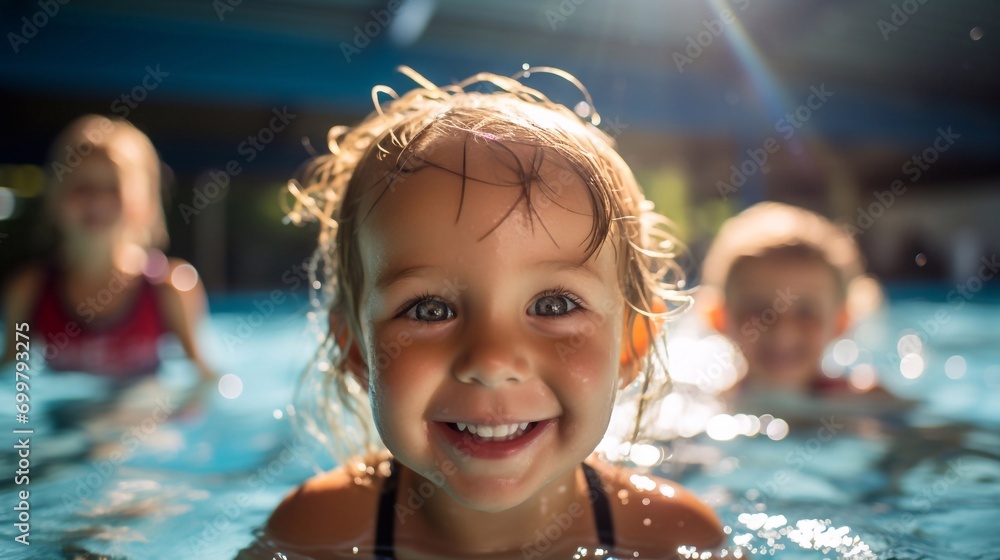 Close up portrait of cute smiling Diverse young children enjoying swimming lessons in pool, learning water safety skills, activity. Natural sunny Lighting and on a shiny light over bokeh background