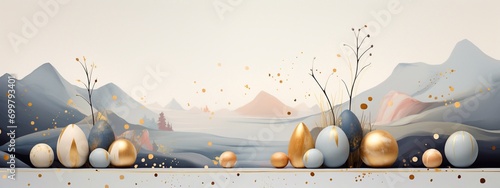 Happy Easter banner. Trendy Easter design with hand drawn strokes and dots, eggs in pastel colors. Modern minimalist style. Background horizontal design for banner, cover, invitation photo