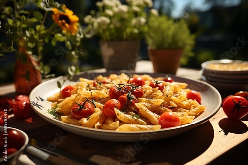 Tasty homemade pasta with tomatoes served outdoors on the table in sunny summer day. photo