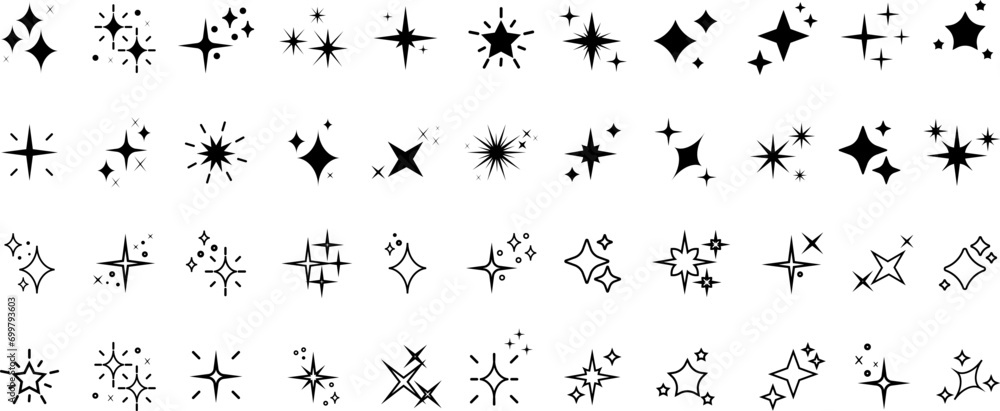 Set of sparkles star icons.Rating star .Bright vector stars.Flash,shine sparkle icon,glare,light,blink star. Modern simple black stars collection.