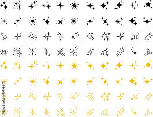 Set of sparkles star icons.Rating star .Bright vector stars.Flash,shine sparkle icon,glare,light,blink star. Modern simple yellow and black stars collection.