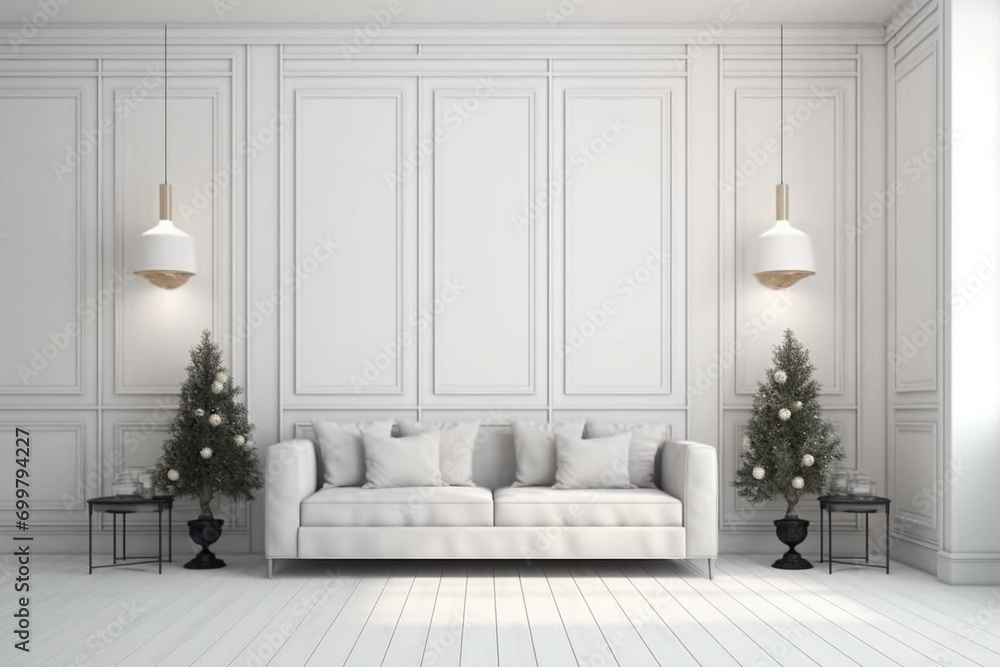 Living room has a sofa with lamps and decorated trees in the white wall background.3d rendering. Generative AI