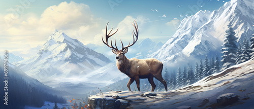 Deer stag in mountain peaks Winter landscape © Here
