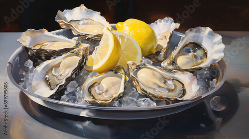 Fresh opened oysters in a plate with ice and lemon