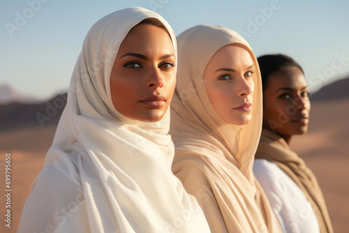 Desert Serenity: Diverse Trio in White Abayas photo