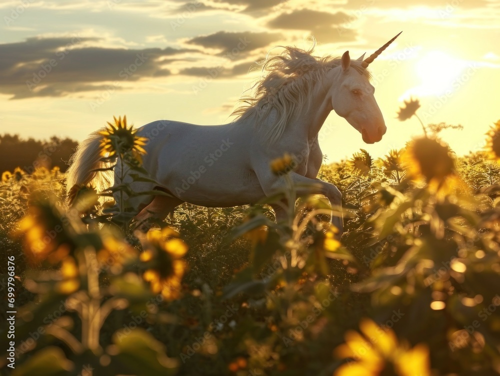 A white unicorn galloping freely through a vibrant field of sunlit flowers at dawn. A white unicorn galloping freely through a vibrant field of sunlit flowers at dawn.