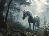 Image of a unicorn in a mystical, foggy forest, invoking fantasy and magic.