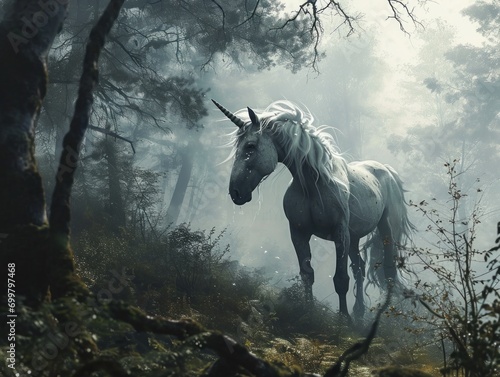 Image of a unicorn in a mystical, foggy forest, invoking fantasy and magic. © Evarelle