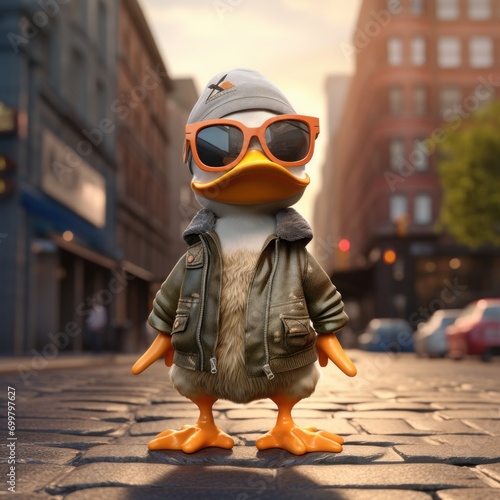 A cool and stylish animated duck character wearing sunglasses in an urban street environment. photo