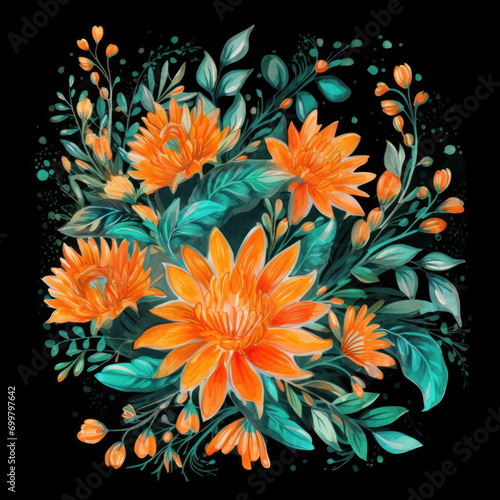 Colorful watercolor painting of a lush floral arrangement with orange and teal flowers  exuding warmth and vibrancy.