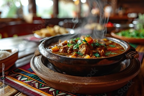 Delicious Mexican stew in a colorful dish on a beautiful ethnic tablecloth photo