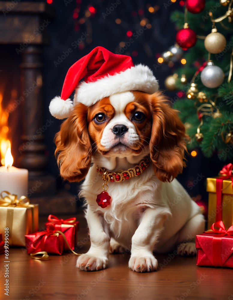 A cute little dog with a Santa hat and presents. A cute little dog with a Santa hat and presents.