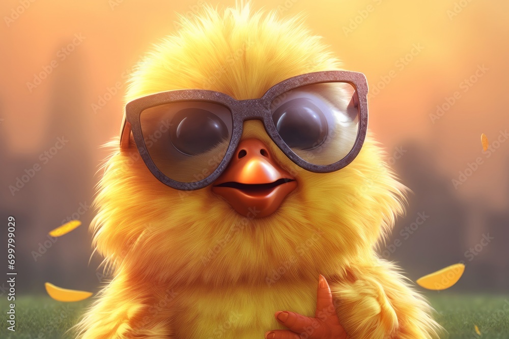 Funny yellow chick with sunglasses on the background of the city.