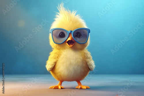 Cute little chicken with sunglasses on blue background. 3d rendering