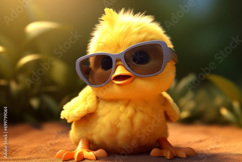 Cute yellow chick in sunglasses on the background of green grass.