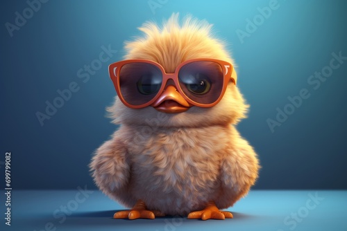 Cute little chick with sunglasses on blue background. 3D rendering