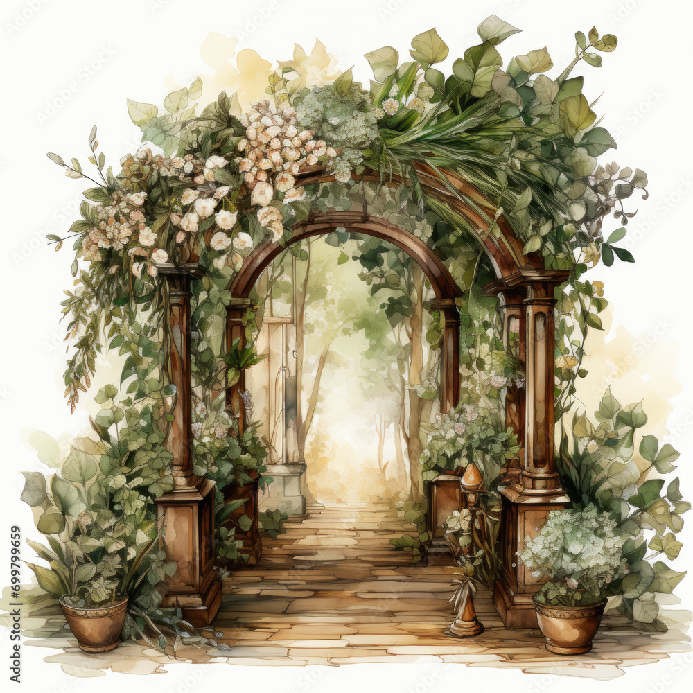 Fototapeta premium watercolor rustic wooden wedding ceremony arch clipart, Generative Ai