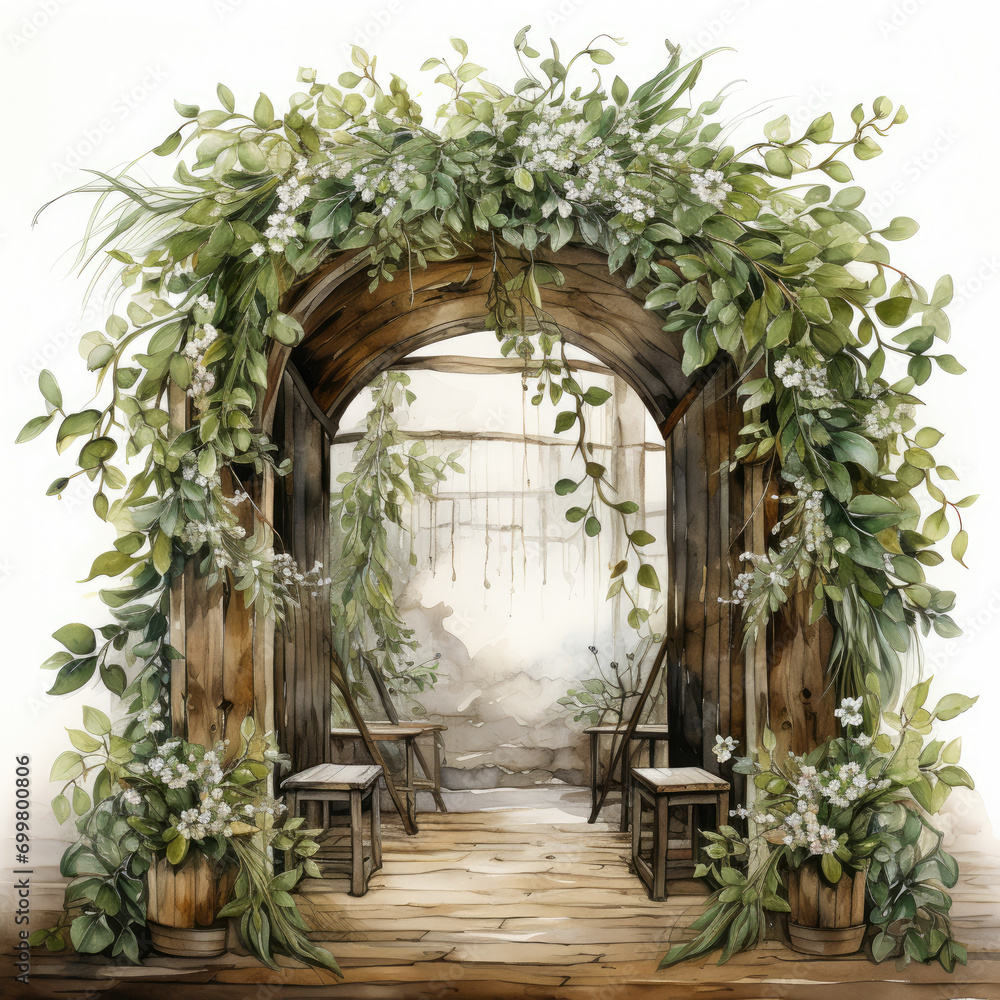 watercolor rustic wooden wedding ceremony arch clipart, Generative Ai