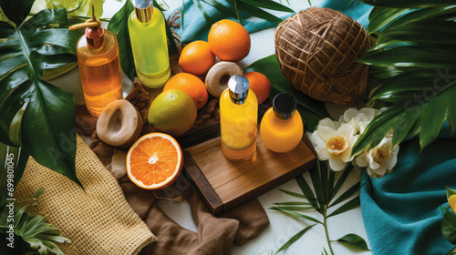  a table topped with oranges  lemons  and bottles of body lotion sitting on top of a wooden cutting board.
