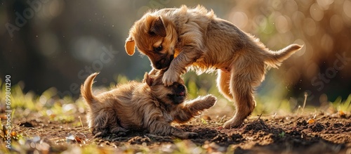Puppies play fight, one on top, month old. photo