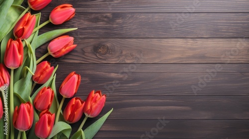  a bunch of red tulips sitting on top of a wooden table next to a green leafy plant.