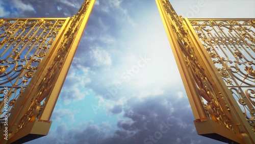 Golden gate to heaven. The gate opens against the background of a colorful sky. Forward movement. 3D Video Animation 4K photo