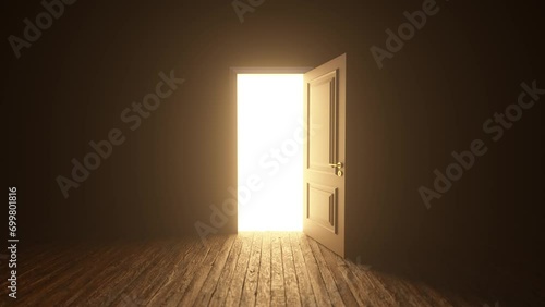 Brown wooden door to the universe. The door opens filling with bright warm light. Room with wooden textured floor. Dark to the Light. Entrance or exit, way out concept. 3D animation, 4K photo