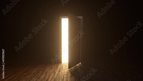 Brown wooden door to the universe. The door closes, filling with bright warm light. A room with a wooden textured floor. Moving backwards. Entrance or exit, exit concept. 3D animation, 4K photo