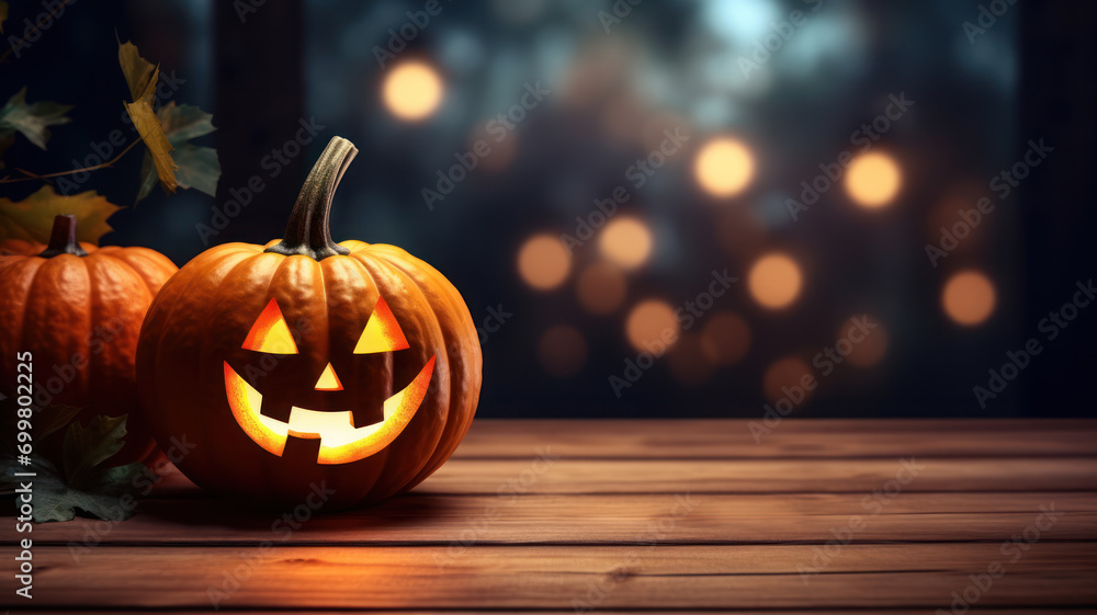 Fototapeta premium Halloween Pumpkin with Glowing Eyes, Forest Sunset Halloween Scene