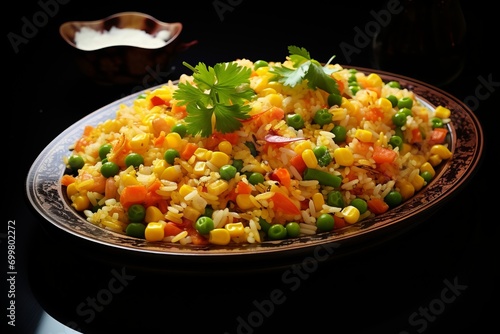 Chinese fried rice with spices and peas, herbs and sauce, vegetables in a bowl