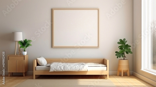 Mockup minimalist children's room with mock up poster frame close up on wall. 3d render interior background © vita555