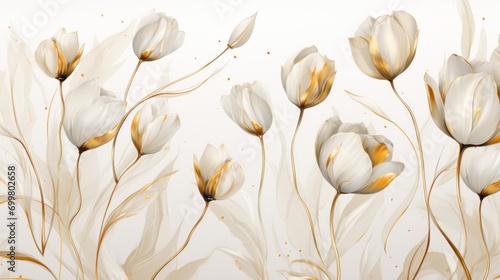  a painting of a bunch of white flowers on a white background with gold foil on the petals of the flowers.
