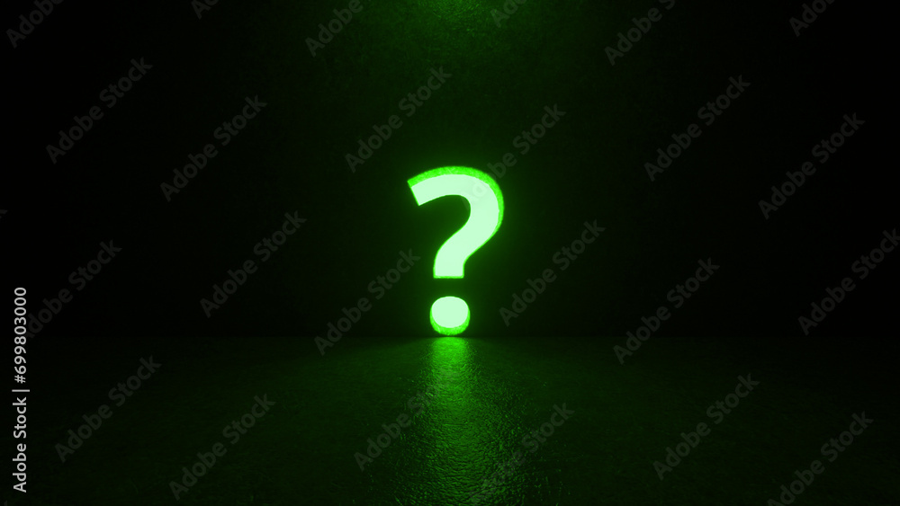 Green question mark symbol on black background. A hole in the wall in the form of a sign. Metaphor of question, answer, idea, problem and business solutions. Mysterious atmosphere. 3d rendering - obrazy, fototapety, plakaty 
