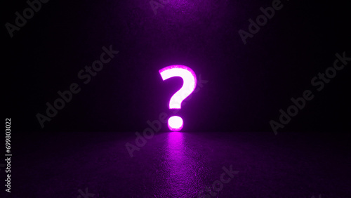 Purple question mark symbol on black background. A hole in the wall in the form of a sign. Metaphor of question, answer, idea, problem and business solutions. Mysterious atmosphere. 3d rendering photo