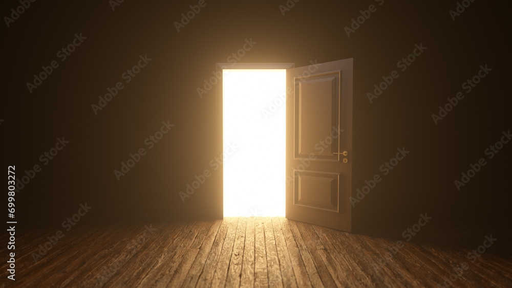 Brown wooden door to the universe. The door open filling with bright warm light. Room with wooden textured floor. Dark to the Light. Entrance or exit, way out concept. 3D render - obrazy, fototapety, plakaty 